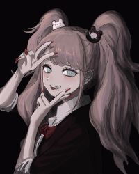 Rule 34 | 1girl, bear hair ornament, black background, black shirt, blush, bow, breasts, collared shirt, commentary request, crazy eyes, danganronpa: trigger happy havoc, danganronpa (series), double v, enoshima junko, fingernails, from side, grey eyes, hair ornament, hands up, highres, long hair, long sleeves, looking at viewer, nail polish, red bow, red nails, renshu usodayo, sharp fingernails, shirt, smile, solo, tongue, tongue out, twintails, upper body, v