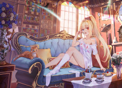 Rule 34 | 1girl, arm support, bare arms, blonde hair, blue eyes, blue flower, blue rose, book, bow, breasts, cafe, cake, cat, couch, cup, eating, flower, food, hair bow, heterochromia, high ponytail, holding, holding spoon, indoors, lens flare, looking at viewer, no panties, off-shoulder shirt, off shoulder, open mouth, original, pillow, red eyes, rose, shirt, sideboob, sidelocks, sitting, socks, solo, spoon, strawberry shortcake, t-shirt, table, ten-u, too many, too many books, vase, virtual youtuber, white flower, white rose
