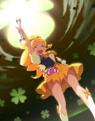 Rule 34 | 10s, 1girl, :d, arm up, brooch, cure honey, happinesscharge precure!, heart, heart brooch, highres, long hair, looking at viewer, magical girl, oomori yuuko, open mouth, ponytail, precure, skirt, smile, solo, uganda (ugandam 00), yellow eyes, yellow skirt