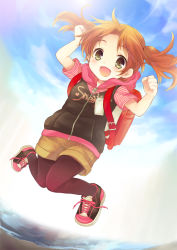 Rule 34 | 1girl, :d, bag, bookbag, brown hair, child, day, hood, hoodie, jumping, knees together feet apart, knees together feet apart, lens flare, midair, open mouth, original, pantyhose, shoes, short hair, sky, smile, sneakers, solo, tachitsu teto, twintails, yellow eyes