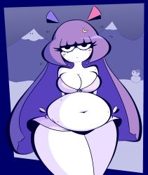 Rule 34 | 1girl, arms behind back, belly, bikini, bikini skirt, black eyes, blue background, breasts, cleavage, crescent, crescent hair ornament, curvy, eyelashes, hair ornament, highres, large breasts, long hair, looking at viewer, mountain, navel, patchouli knowledge, plump, purple hair, simple background, snow, snowman, solid circle eyes, standing, sweat, swimsuit, thick thighs, thighs, touhou, unamused, very long hair, wide hips, woah maaan