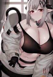 Rule 34 | 1girl, arknights, armband, black choker, black gloves, choker, collarbone, commentary, crop top, curtains, gloves, grey hair, groin, highres, horns, indoors, infection monitor (arknights), izulizuru, long hair, looking at viewer, material growth, midriff, mudrock (arknights), mudrock (elite ii) (arknights), navel, oripathy lesion (arknights), parted lips, pointy ears, red eyes, solo, sports bra, stomach, strap slip, upper body, window
