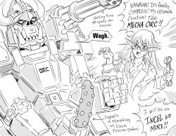 Rule 34 | 1boy, 1girl, bb (baalbuddy), breasts, cleavage, commentary, elf, emphasis lines, english commentary, english text, fake horns, fangs, gatling gun, greyscale, hands up, helmet, highres, holding, holding wrench, horned helmet, horns, jacket, long hair, long sleeves, monochrome, orc, original, pointy ears, robot, round eyewear, shoulder cannon, spiked penis, wrench