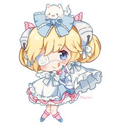 Rule 34 | 1girl, :q, animal, animal on head, bell, blonde hair, blue bow, blue eyes, blush, bow, cat, cat on head, chibi, commentary, commission, cutesu (cutesuu), english commentary, eyepatch, frills, hair bell, hair bow, hair ornament, head wings, jingle bell, knees together feet apart, long sleeves, looking at viewer, medical eyepatch, mochii, on head, original, pink legwear, signature, simple background, sleeves past fingers, sleeves past wrists, smile, solo, tongue, tongue out, white background, wings
