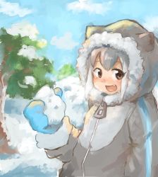 Rule 34 | 04271999, 10s, alternate costume, breath, day, fang, fur trim, gloves, highres, kemono friends, multicolored hair, outdoors, parka, small-clawed otter (kemono friends), snow, snowball, solo, zipper pull tab