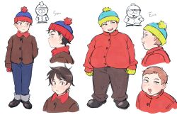 Rule 34 | 2boys, beanie, blue eyes, blue headwear, blue pants, brown eyes, brown footwear, brown hair, brown jacket, character name, closed mouth, commentary request, eric cartman, fat, fat man, full body, gloves, hat, highres, jacket, light blush, light brown hair, looking at viewer, male focus, multiple boys, multiple views, nano8, obese, pants, red headwear, red jacket, short hair, simple background, sketch, south park, stan marsh, two-tone headwear, white background, yellow gloves, yellow headwear