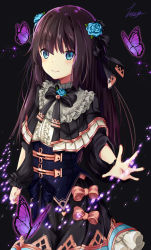 Rule 34 | 1girl, arcaea, black background, black bow, black bowtie, black capelet, black dress, black hair, black ribbon, blue eyes, blue flower, blue rose, bow, bowtie, bug, butterfly, capelet, center frills, closed mouth, corset, dress, flower, frilled dress, frills, glowing butterfly, gothic lolita, hair between eyes, hair flower, hair ornament, hair ribbon, insect, light particles, lolita fashion, long hair, long sleeves, looking at viewer, outstretched arm, outstretched hand, pink bow, ribbon, rose, sidelocks, signature, simple background, smile, solo, sparkle, standing, tairitsu (arcaea), tairitsu (grievous lady) (arcaea), tiasye