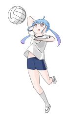Rule 34 | 1girl, arm up, artist request, ball, blue hair, blue shorts, character request, clothes lift, copyright request, double vertical stripe, female focus, full body, gym shirt, gym shorts, gym uniform, highres, jumping, midriff peek, open mouth, playing sports, shirt, shirt lift, short sleeves, shorts, simple background, socks, solo, teeth, twintails, uniform, upper teeth only, volleyball, volleyball (object), white background, white footwear, white shirt, white socks, yellow eyes