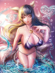 Rule 34 | 1girl, ahri (league of legends), animal ears, bikini, blue hair, breasts, cleavage, fingernails, highres, large breasts, league of legends, long fingernails, long hair, looking at viewer, o-ring, o-ring top, parted lips, sangrde, shiny skin, side-tie bikini bottom, solo, striped bikini, striped clothes, swimsuit, tail, wading, wet, yellow eyes