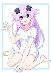 Rule 34 | 1girl, adult neptune, bare legs, barefoot, breasts, collarbone, commentary, d-pad, d-pad hair ornament, full body, hair between eyes, hair ornament, highres, long hair, looking at viewer, medium breasts, neptune (series), no pants, open mouth, pink hair, purple eyes, shirt, short sleeves, simple background, sitting, smile, solo, t-shirt, very long hair, wariza, white background, white shirt, yashi (hayashiki0404)