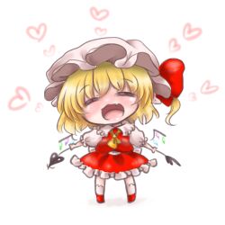 Rule 34 | 1girl, ascot, blonde hair, breasts, chibi, closed eyes, collared shirt, facing viewer, fang, flandre scarlet, frilled shirt collar, frilled sleeves, frills, full body, hat, heart, heart background, holding, holding polearm, holding weapon, laevatein (touhou), lowres, medium hair, mob cap, multicolored wings, one side up, open mouth, polearm, puffy short sleeves, puffy sleeves, red footwear, red skirt, red vest, sacchan happy, shirt, short sleeves, simple background, skin fang, skirt, skirt set, small breasts, smile, socks, solo, touhou, vest, weapon, white background, white hat, white shirt, white socks, wings, yellow ascot