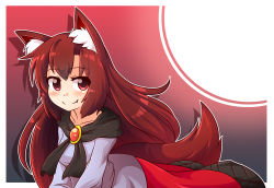 Rule 34 | 1girl, animal ear fluff, animal ears, blush, brooch, brown hair, dress, highres, imaizumi kagerou, jewelry, long hair, long sleeves, red eyes, smile, solo, tail, touhou, wolf ears, wolf tail, wool (miwol)