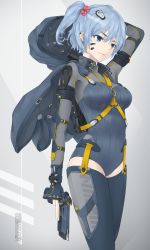 Rule 34 | 1girl, arm at side, arm up, backpack, bag, between breasts, blue eyes, blue leotard, blue thighhighs, breasts, character name, closed mouth, commentary request, facepaint, gun, hair bobbles, hair ornament, highres, holding, holding gun, holding weapon, hood, impossible clothes, impossible leotard, kawashiro nitori, leotard, looking away, looking down, medium breasts, serious, short hair, smile, solo, thighhighs, touhou, trigger discipline, tsukidaruma, two side up, v-shaped eyebrows, weapon