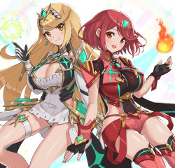 Rule 34 | 2girls, bare legs, bare shoulders, black gloves, blonde hair, breasts, chest jewel, cleavage, cleavage cutout, clothing cutout, dress, earrings, elbow gloves, fingerless gloves, gloves, gonzarez, highres, jewelry, large breasts, long hair, multiple girls, mythra (xenoblade), pyra (xenoblade), red eyes, red hair, red shorts, short dress, short hair, short shorts, shorts, swept bangs, thigh strap, thighhighs, tiara, very long hair, white dress, white gloves, xenoblade chronicles (series), xenoblade chronicles 2, yellow eyes