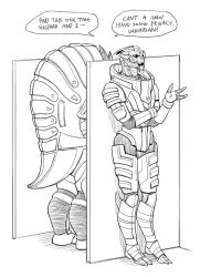 2boys bathroom belorin english_text garrus_vakarian greyscale krogan mass_effect_(series) monochrome multiple_boys speech_bubble toilet_stall tumblr turian urdnot_wrex white_background