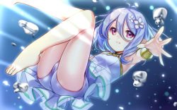 Rule 34 | 1girl, antenna hair, armpits, ass, barefoot, bracer, bubble, cameltoe, elf, feet, flower, hair between eyes, hair flower, hair ornament, knees together feet apart, knees up, kokkoro (princess connect!), kokkoro (summer) (princess connect!), legs, looking at viewer, one-piece swimsuit, open mouth, outstretched arm, outstretched hand, pink eyes, pointy ears, princess connect!, short hair, silver hair, solo, swimsuit, swimsuit skirt, thighs, toes, underwater, usume shirou, water, white one-piece swimsuit