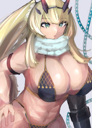 Rule 34 | 1girl, abs, absurdres, bare shoulders, barghest (fate), bikini, black bikini, blonde hair, breasts, chain, cleavage, fairy knight gawain (ice warrior) (fate), fate/grand order, fate (series), gauntlets, green eyes, highres, horns, large breasts, long hair, looking at viewer, muscular, muscular female, myakuro, navel, ponytail, scarf, single gauntlet, solo, swimsuit, white scarf