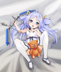 Rule 34 | 1girl, absurdres, ahoge, arrow (projectile), azur lane, bare arms, between legs, blush, bow, breasts, cupid (azur lane), dress, female focus, full body, hair ornament, heart, highres, jupiter (azur lane), knees up, long hair, looking at viewer, lying, off shoulder, on back, open mouth, purple eyes, shoes, small breasts, solo, stuffed animal, stuffed toy, teddy bear, the hermit, thighhighs, white dress, white thighhighs