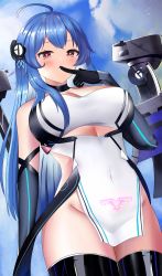 Rule 34 | 1girl, absurdres, azur lane, blue hair, blush, breasts, cleavage, finger to mouth, from below, gloves, heart, heart-shaped pupils, helena (azur lane), helena (meta) (azur lane), highres, large breasts, light blush, long hair, looking at viewer, looking down, no panties, pelvic curtain, pubic tattoo, sky, solo, symbol-shaped pupils, tattoo, thighs, zdj