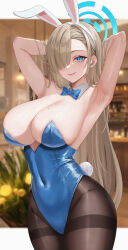 Rule 34 | 1girl, absurdres, animal ears, armpits, arms behind head, arms up, asuna (blue archive), asuna (bunny) (blue archive), bare shoulders, blonde hair, blue archive, blue bow, blue bowtie, blue eyes, blurry, blurry background, bow, bowtie, breasts, closed mouth, covered navel, detached collar, fake animal ears, floralmi, hair over one eye, halo, highres, large breasts, leotard, letterboxed, mole, mole on breast, official alternate costume, pantyhose, playboy bunny, presenting armpit, rabbit ears, rabbit tail, revision, sideboob, smile, solo, tail, thighband pantyhose