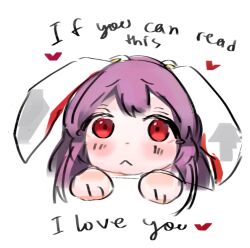 Rule 34 | 1girl, :&lt;, animal ears, blush, chibi, closed mouth, english text, heart, long hair, looking at viewer, purple hair, rabbit ears, red eyes, reisen udongein inaba, simple background, solo, sparkle71059204, touhou, white background