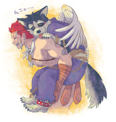 Rule 34 | 2boys, :p, ancient greek clothes, animal ears, bara, carrying, cropped legs, dog boy, dog ears, dog tails, feather hair ornament, feathers, furry, furry male, garmr (housamo), greco-roman clothes, hair ornament, male focus, multiple boys, muscular, muscular male, pectorals, piggyback, pollux (housamo), red hair, short hair, sideburns, single wing, smile, tokyo houkago summoners, tongue, tongue out, topless male, translation request, tsuna (so da77), wings