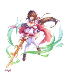 Rule 34 | ;d, absurdres, back bow, bow, breasts, brown hair, cleavage, curvy, detached sleeves, frilled sleeves, frills, golden sword, highres, holding, holding sword, holding weapon, japanese clothes, large breasts, looking at viewer, magatama, maid headdress, official art, one eye closed, open mouth, phantom of the kill, red eyes, seven-branched sword, seven-branched sword (phantom of the kill), shoes, smile, sword, thighhighs, weapon, wind