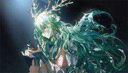 Rule 34 | 1girl, antlers, ceres fauna, commentary, english commentary, flower, gloves, green gloves, green hair, green nails, hair flower, hair ornament, highres, hololive, hololive english, horns, long hair, nail polish, parted lips, quasarcake, solo, very long hair, virtual youtuber, yellow eyes