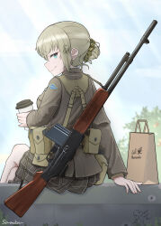 Rule 34 | 1girl, absurdres, adapted uniform, aqua eyes, bag, blonde hair, bullet hole, camouflage scrunchie, cloud, coffee, crossed legs, cup, gun, gun on back, gun sling, hair bun, highres, holding, holding cup, kilroy was here, load bearing equipment, looking at viewer, looking back, m1918 bar, machine gun, original, paper bag, plaid, plaid skirt, pouch, savankov, scrunchie, short hair, signature, sitting, skirt, sky, smile, soldier, solo, tree, united states army rangers, weapon, weapon on back
