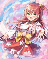 Rule 34 | 1girl, absurdres, ahoge, bell, breasts, cherry blossom print, cherry blossoms, cloud, detached sleeves, floral print, green eyes, hair bell, hair ornament, highres, hololive, japanese clothes, jingle bell, long hair, medium breasts, miko, open mouth, outdoors, outstretched arms, petals, pink hair, print skirt, rappi, red skirt, ribbon, sakura miko, sakura miko (1st costume), shirt, side ponytail, sideboob, skirt, sky, smile, solo, virtual youtuber, white shirt, white sleeves, wind
