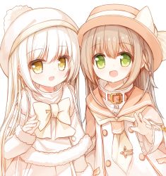 Rule 34 | 2girls, :d, beret, blush, bow, brown eyes, brown hair, brown headwear, brown sailor collar, capelet, coat, dress, fur-trimmed capelet, fur-trimmed sleeves, fur trim, green eyes, hair between eyes, hat, jacket, long hair, long sleeves, multiple girls, open clothes, open jacket, open mouth, original, sailor collar, sailor dress, simple background, sleeves past wrists, smile, very long hair, white background, white bow, white capelet, white coat, white dress, white hair, white headwear, white neckwear, yuuhagi (amaretto-no-natsu)