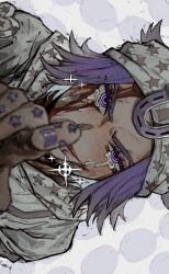 Rule 34 | 1boy, blood, blood on face, crying, grey background, hat, highres, johnny joestar, jojo no kimyou na bouken, male focus, neg 50asu, pointing, portrait, purple eyes, purple hair, purple nails, ringed eyes, short hair, sideways, solo, sparkle, star (symbol), steel ball run