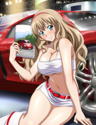 Rule 34 | 1girl, audi, audi r8, bare arms, belt, belt buckle, blue eyes, blush, boots, bra, breasts, buckle, car, cleavage, closed mouth, collarbone, embarrassed, hair between eyes, hairband, holding, ikkitousen, indoors, knee boots, large breasts, light brown hair, long hair, looking at viewer, microskirt, midriff, motor vehicle, navel, pencil skirt, race queen, red belt, red hairband, side slit, sitting, skirt, solo, sonken chuubou, stomach, underboob, underwear, very long hair, white bra, white footwear, white skirt
