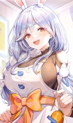 Rule 34 | 1girl, :d, absurdres, animal ears, blue hair, braid, braided ponytail, breasts, commentary request, detached sleeves, highres, hololive, large breasts, long hair, looking at viewer, mature female, misyune, multicolored hair, open mouth, orange eyes, pekomama, rabbit-shaped pupils, rabbit ears, rabbit girl, smile, solo, symbol-shaped pupils, thick eyebrows, two-tone hair, virtual youtuber, white hair, white sleeves
