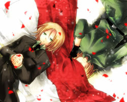 Rule 34 | 2boys, aplerichi, axis powers hetalia, bad id, bad pixiv id, blonde hair, covering privates, covering face, covering own eyes, dual persona, formal, gloves, light smile, lithuania (hetalia), lying, military, military uniform, multiple boys, necktie, on back, own hands clasped, own hands together, petals, poland (hetalia), rose petals, short hair, suit, uniform