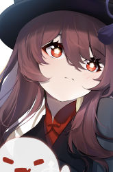 1girl :d =_= absurdres black_headwear blush boo_tao_(genshin_impact) brown_hair closed_mouth commentary_request flower-shaped_pupils frown genshin_impact ghost hair_between_eyes highres hu_tao_(genshin_impact) long_hair open_mouth peeking_out qixia red_eyes red_shirt shirt simple_background smile split_mouth symbol-shaped_pupils tassel upper_body white_background