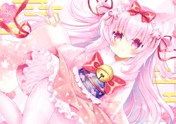 Rule 34 | 1girl, :o, azur lane, bell, blush, bow, colored eyelashes, commentary request, diagonal stripes, dutch angle, egasumi, floral print, flower, frilled kimono, frills, groin, hair between eyes, hair bow, hair flower, hair ornament, highres, japanese clothes, jingle bell, kimono, kisaragi (azur lane), kisaragi (new year&#039;s wish) (azur lane), long hair, long sleeves, looking at viewer, obi, pantyhose, parted lips, pinching sleeves, pink flower, pink hair, pink kimono, print kimono, purple eyes, red bow, sash, shikito (yawa0w0), sleeves past wrists, solo, striped, striped background, thighband pantyhose, very long hair, white pantyhose, wide sleeves