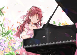 Rule 34 | 1girl, artist name, artist request, bare shoulders, blush, brown hair, dress, earrings, female focus, hair ornament, hair ribbon, hairclip, highres, instrument, jewelry, long hair, love live!, love live! school idol festival, love live! sunshine!!, murano cono, music, necklace, on chair, parted lips, pearl earrings, pearl necklace, piano, pink dress, pink ribbon, playing instrument, playing piano, red hair, ribbon, sakurauchi riko, sash, scrunchie, single sleeve, sitting, smile, solo, striped, white background, wrist scrunchie