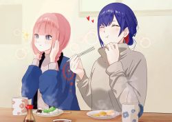 Rule 34 | 2girls, absurdres, blue hair, blush, braid, braided tail, bright pupils, chewing, chopsticks, closed eyes, closed mouth, cup, earrings, eating, eyebrows hidden by hair, food, highres, holding, holding chopsticks, indoors, jewelry, kaf (kamitsubaki studio), kamitsubaki studio, kizakura art, long hair, mug, multicolored hair, multiple girls, pink hair, plate, rim (kamitsubaki studio), short hair, sitting, smile, soy sauce, sweater, twin braids, twintails, upper body, virtual youtuber
