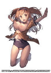Rule 34 | 10s, 1girl, breasts, breasts out, brown eyes, cleft of venus, clothes pull, hairband, i-26 (kancolle), kantai collection, kneeling, large breasts, light brown hair, long hair, looking at viewer, name tag, new school swimsuit, nipples, one-piece swimsuit, one-piece swimsuit pull, open clothes, open mouth, outstretched arms, pussy, pussy cutout, redcomet, sailor collar, school swimsuit, short sleeves, simple background, smile, solo, swimsuit, swimsuit under clothes, teeth, two-tone hairband, two side up, uncensored, upper teeth only, watermark, web address, white background