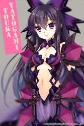 Rule 34 | 10s, 1girl, armor, armored dress, bad id, bad pixiv id, breasts, dark persona, date a live, gradient eyes, hair ribbon, medium breasts, multicolored eyes, navel, purple hair, ribbon, simple background, solo, trianon, yatogami tooka, yatogami tooka (true form)