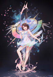 Rule 34 | 1girl, artist name, atdan, bare arms, bare legs, bare shoulders, blue flower, breasts, brown eyes, brown hair, commentary, copyright request, dress, flower, full body, hair ribbon, highres, large breasts, looking at viewer, open mouth, red ribbon, ribbon, short hair, solo, torn clothes, torn dress, white dress