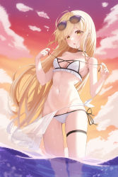Rule 34 | 1girl, :o, absurdres, ahoge, bikini, black choker, blonde hair, blush, breasts, choker, cleavage, cloud, commission, covered erect nipples, cowboy shot, cross-laced clothes, eyewear on head, frilled bikini, frills, hands up, highres, holding, ju-ok, korean commentary, long hair, looking at viewer, medium breasts, navel, open mouth, orange sky, original, outdoors, partially underwater shot, see-through, see-through skirt, side-tie bikini bottom, side-tie skirt, skindentation, skirt, sky, solo, stomach, string bikini, swept bangs, swimsuit, thigh strap, thighs, tinted eyewear, untied bikini, wading, water, wet, white bikini, yellow eyes