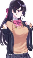 Rule 34 | 1girl, black hair, black jacket, blazer, blush, bow, braid, breasts, closed mouth, collared shirt, grey skirt, hair between eyes, hair bow, hair ornament, hairclip, hands up, jacket, large breasts, long hair, long sleeves, looking away, misumi (macaroni), nijisanji, open clothes, open jacket, pink bow, plaid, plaid skirt, pleated skirt, purple eyes, shirt, simple background, skirt, sleeves past wrists, solo, sweater, tsukino mito, tsukino mito (1st costume), undressing, very long hair, virtual youtuber, white background, white shirt