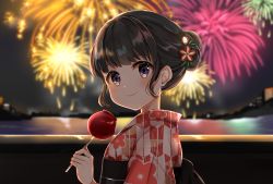 Rule 34 | 1girl, aerial fireworks, back bow, bad id, bad pixiv id, black bow, black hair, blue eyes, blurry, blurry background, bow, candy apple, closed mouth, commentary request, depth of field, fireworks, floral print, food, hair bun, hair ornament, highres, holding, holding food, japanese clothes, katsushika pachi, kimono, lake, looking at viewer, looking to the side, night, night sky, obi, original, outdoors, print kimono, sash, single hair bun, sky, smile, solo, upper body, water, white kimono, yagasuri