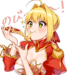 Rule 34 | 1girl, ahoge, blonde hair, braid, breasts, cheese trail, cleavage, eating, epaulettes, fate/grand order, fate (series), food, french braid, green eyes, hair intakes, highres, nero claudius (fate), nero claudius (fate), nero claudius (fate/extra), pizza, pizza slice, simple background, solo, sparkle, upper body, v-shaped eyebrows, white background, yayoi maka
