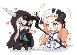 Rule 34 | +++, 2girls, :d, arknights, birdcage, black cape, black footwear, blonde hair, blue eyes, blush, boots, cage, cape, chibi, commentary, curled horns, dress, grey dress, hair between eyes, heart, holding, hood, hood up, hooded cape, horns, horns through headwear, jacket, knee boots, kurotofu, long hair, long sleeves, multiple girls, nightingale (arknights), open mouth, puffy long sleeves, puffy sleeves, red eyes, shadow, shining (arknights), short eyebrows, silver hair, smile, standing, thick eyebrows, twitter username, very long hair, white background, white dress, white footwear, white headwear, white jacket