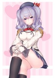 Rule 34 | 10s, 1girl, beret, black socks, blue eyes, blush, breast press, breasts, buttons, epaulettes, frilled sleeves, frills, gloves, hat, heart, heart background, kantai collection, kashima (kancolle), kerchief, kneehighs, large breasts, looking at viewer, military, military uniform, miniskirt, nidy, pleated skirt, sidelocks, silver hair, skirt, smile, socks, solo, twintails, uniform, wavy hair, white gloves