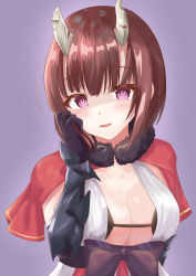 Rule 34 | 1girl, arm behind back, black bow, black bra, black gloves, blush, bob cut, bow, bra, breasts, broken horn, brown hair, capelet, cleaver, demon girl, demon horns, eriko (princess connect!), fur-trimmed capelet, fur trim, ganbariino, gauntlets, gloves, hand on own face, highres, horns, large breasts, looking at viewer, princess connect!, purple background, purple eyes, red capelet, shaded face, shirt, short hair, smile, solo, underwear, upper body, white shirt