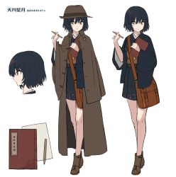 Rule 34 | 1girl, black hair, boots, brown coat, brown eyes, brown footwear, brown headwear, chorefuji, closed mouth, coat, commentary request, full body, hair between eyes, hands up, hat, highres, holding, holding pen, knees, looking at viewer, multiple views, notebook, open clothes, open coat, original, paper, pen, pleated skirt, sash, short hair, skirt, smile, standing, translation request, white background